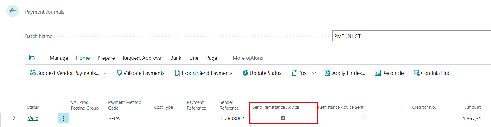 Send Remittance Advice checkbox on the payment journal