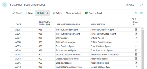 Direct Debit Error Codes